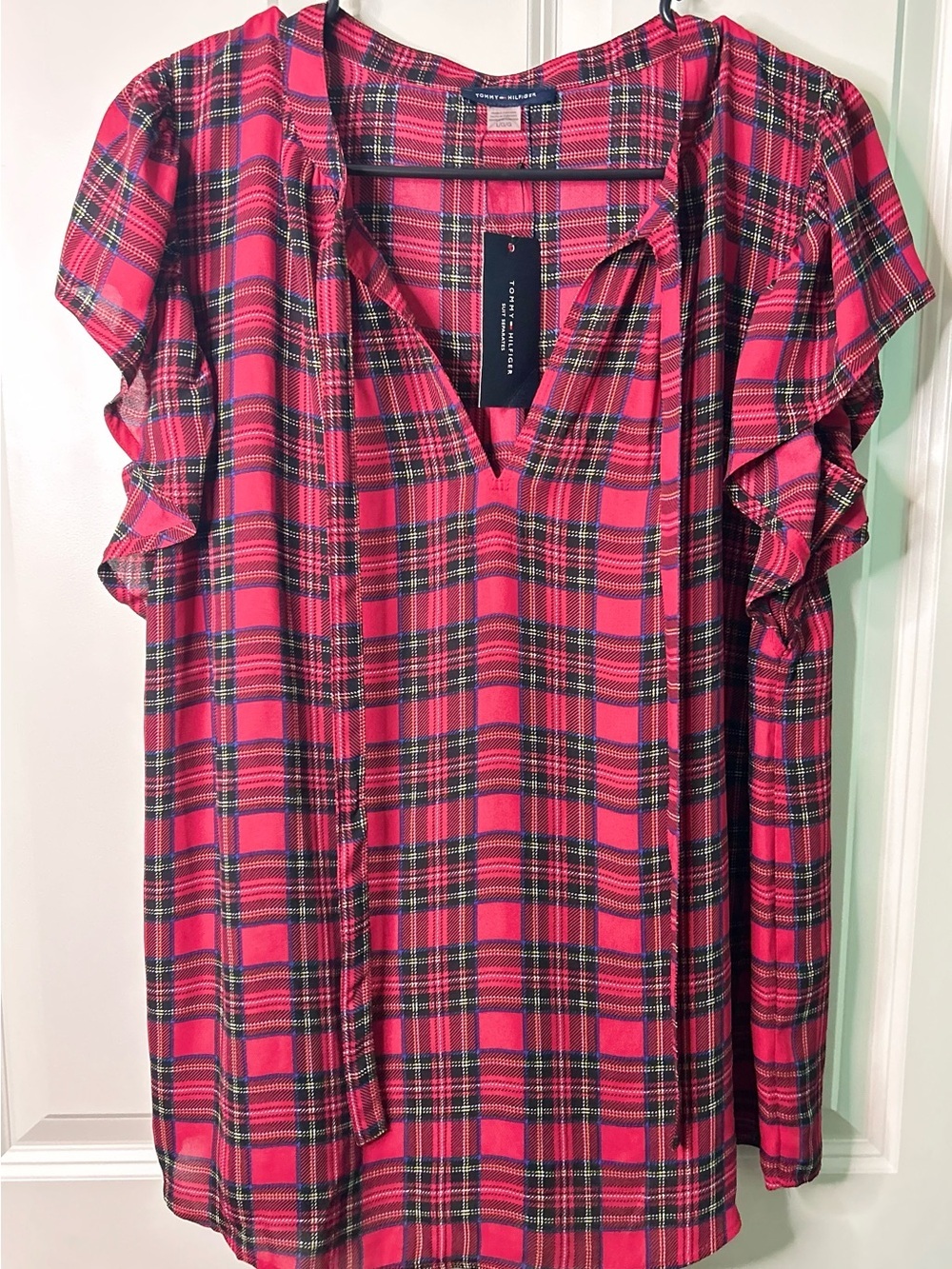 Tommy Hilfiger red and black plaid ruffled short sleeve blouse
